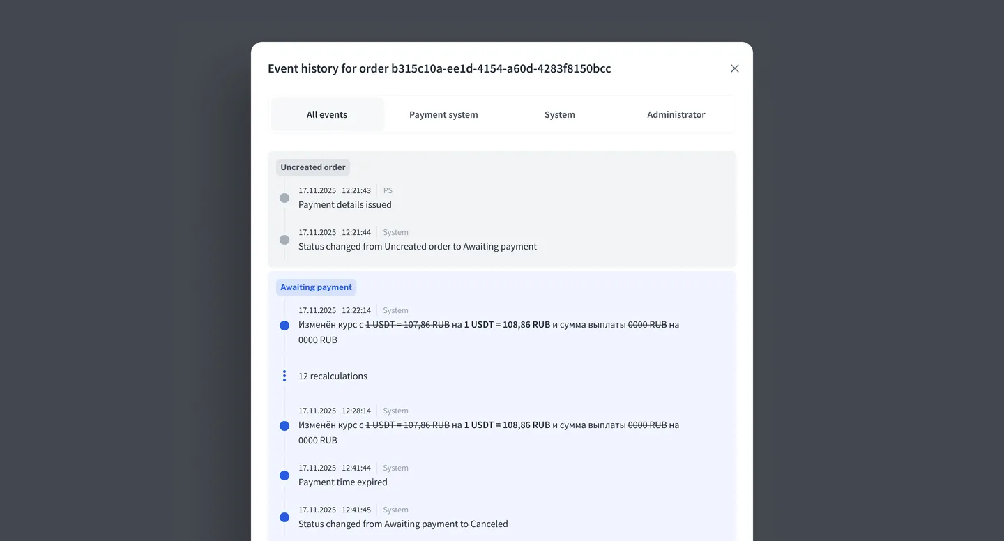 Order card in the admin panel with tabs, status and payment details