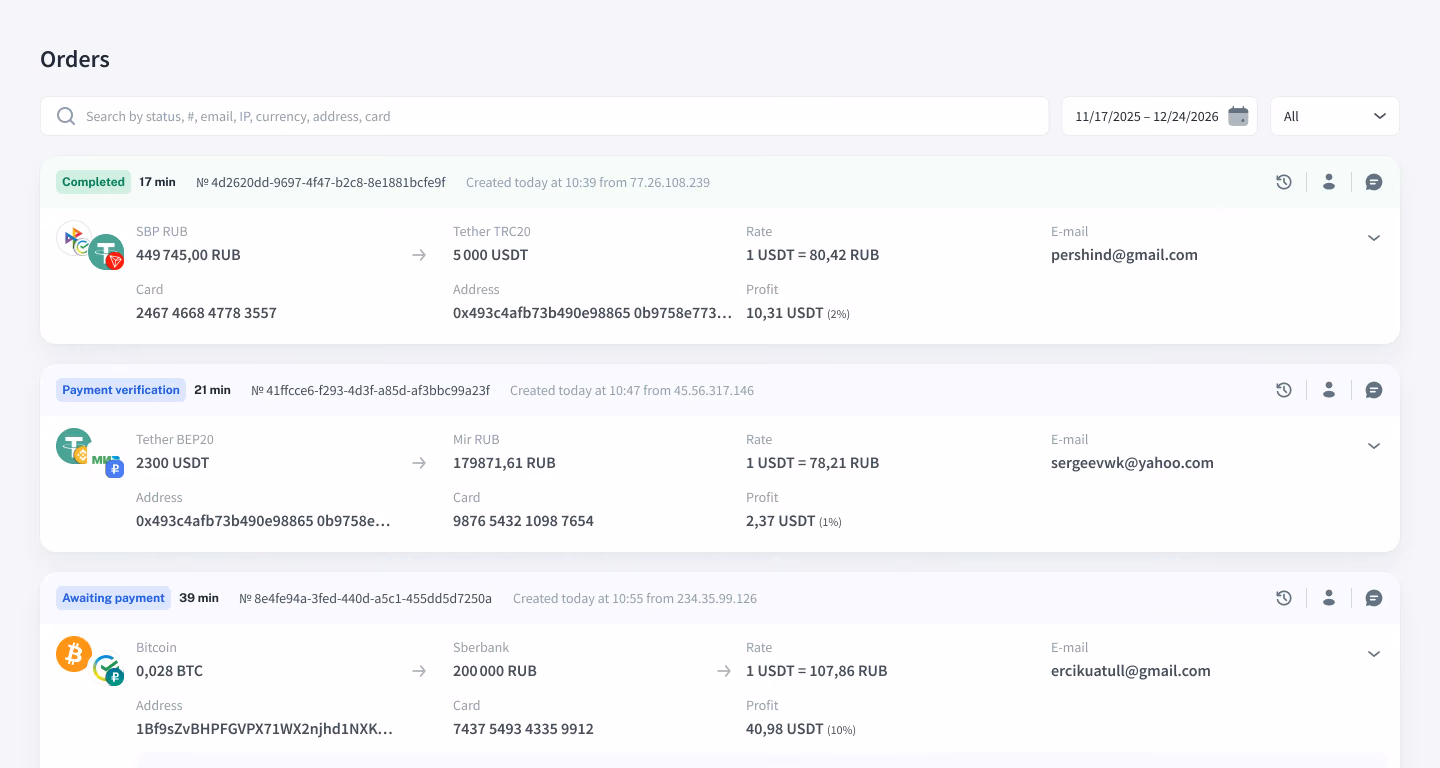 Orders list in the Premium Exchanger admin panel