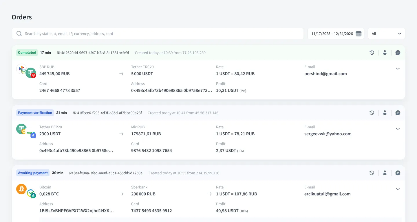 Orders list in the Premium Exchanger admin panel